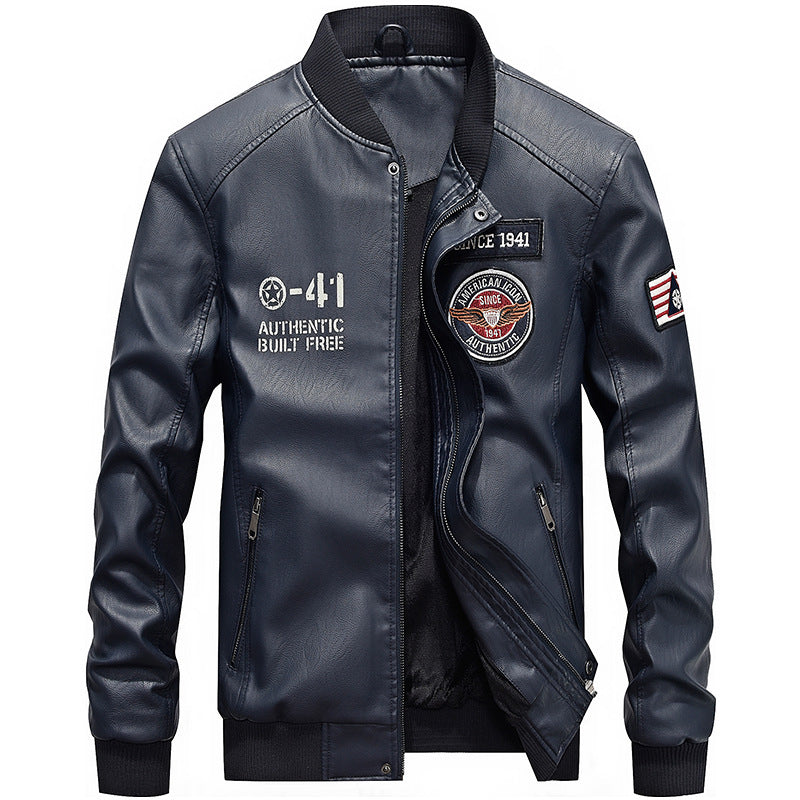 Heren Leren Jas – Regular Fit – Geborduurde Patches – Baseballkraag – Ritsluiting