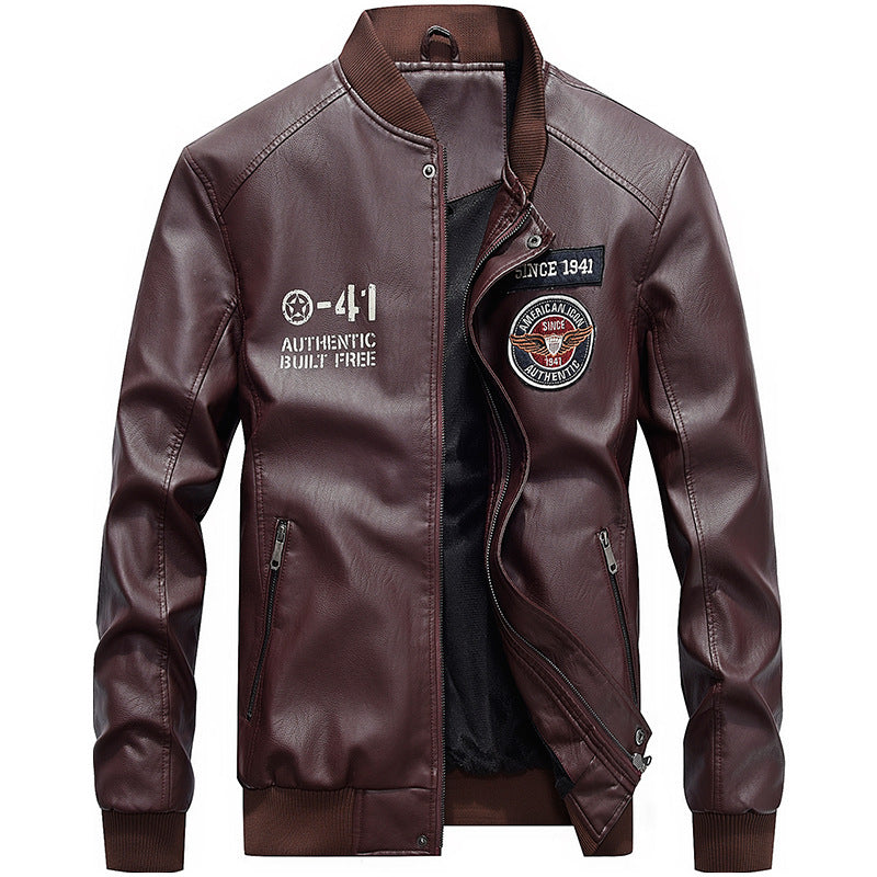Heren Leren Jas – Regular Fit – Geborduurde Patches – Baseballkraag – Ritsluiting