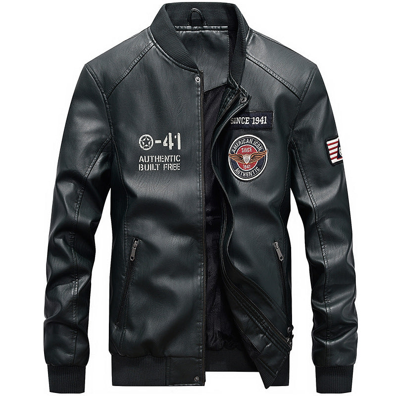 Heren Leren Jas – Regular Fit – Geborduurde Patches – Baseballkraag – Ritsluiting