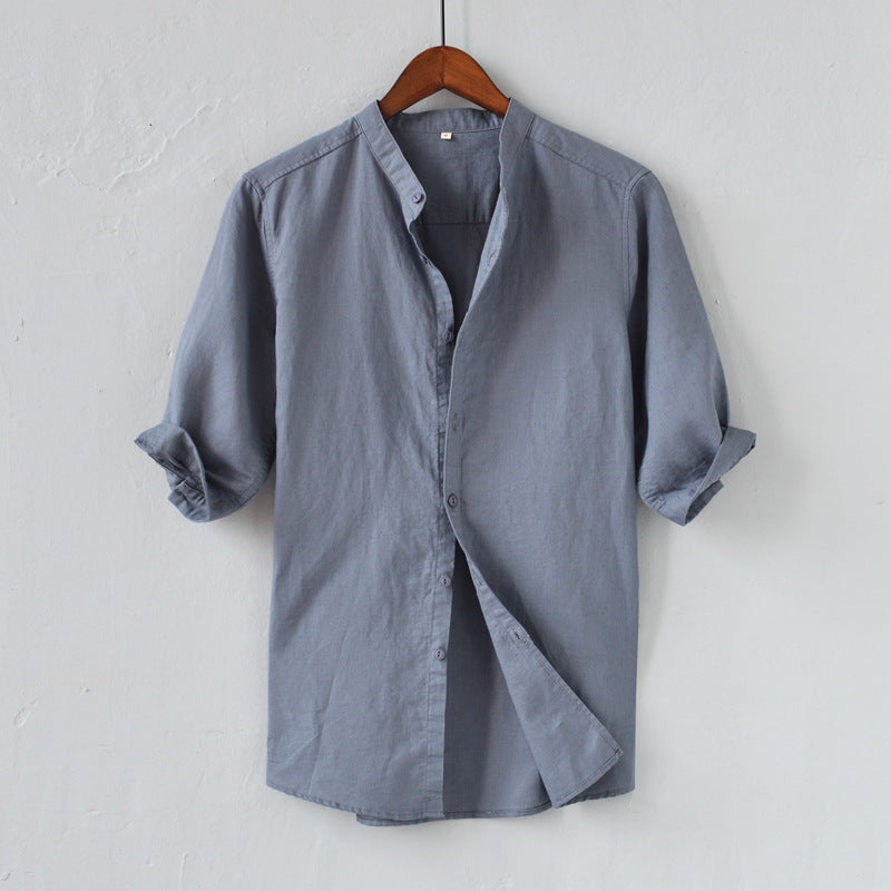 Heren Overhemd – Linnenmix – Relaxed Fit – Halve Mouw – Mandarin Kraag