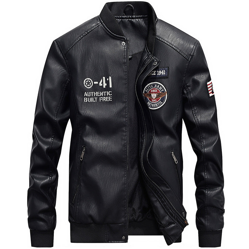 Heren Leren Jas – Regular Fit – Geborduurde Patches – Baseballkraag – Ritsluiting