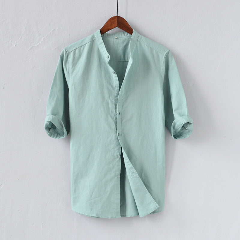 Heren Overhemd – Linnenmix – Relaxed Fit – Halve Mouw – Mandarin Kraag