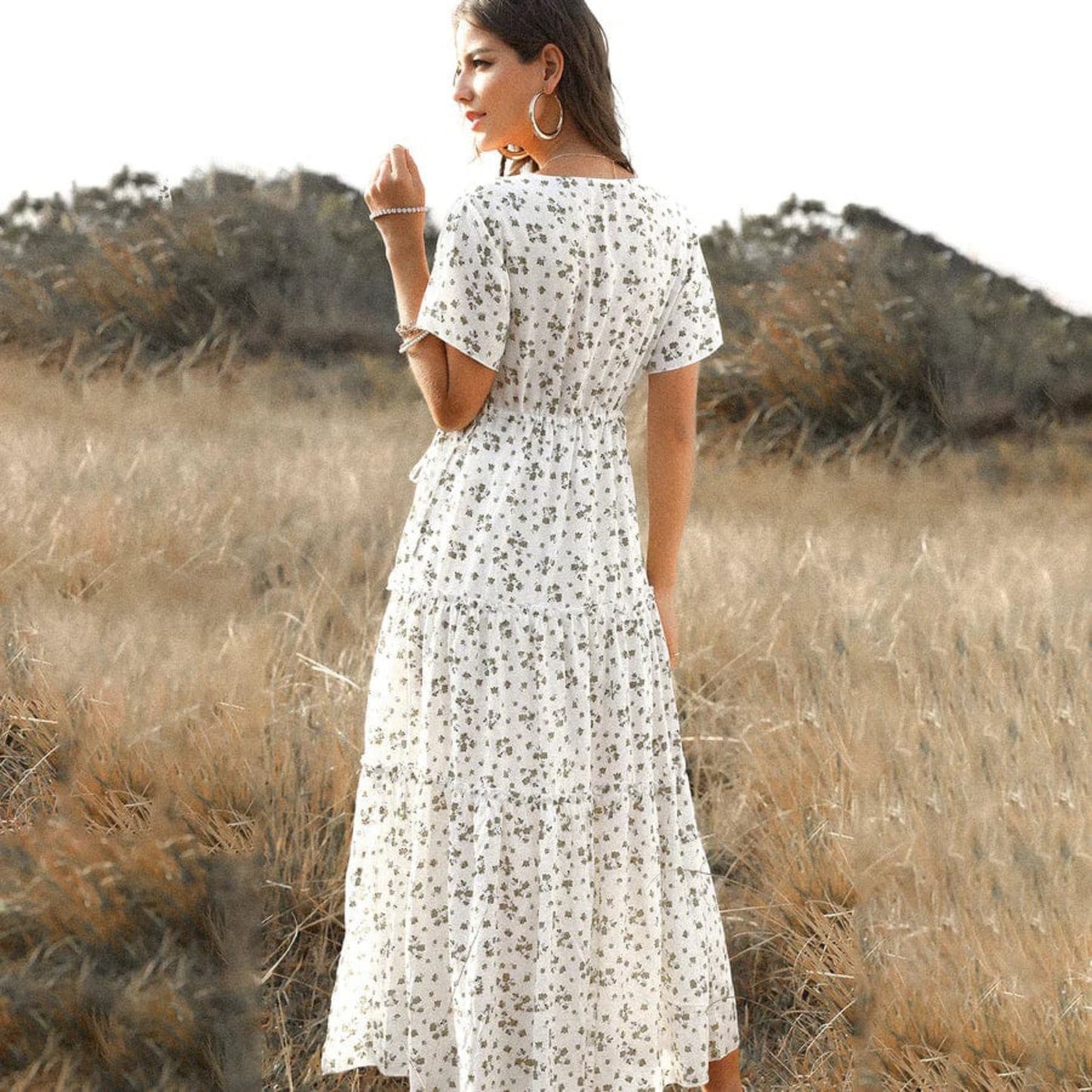 Dames Lange Jurk | Witte Bloemenprint