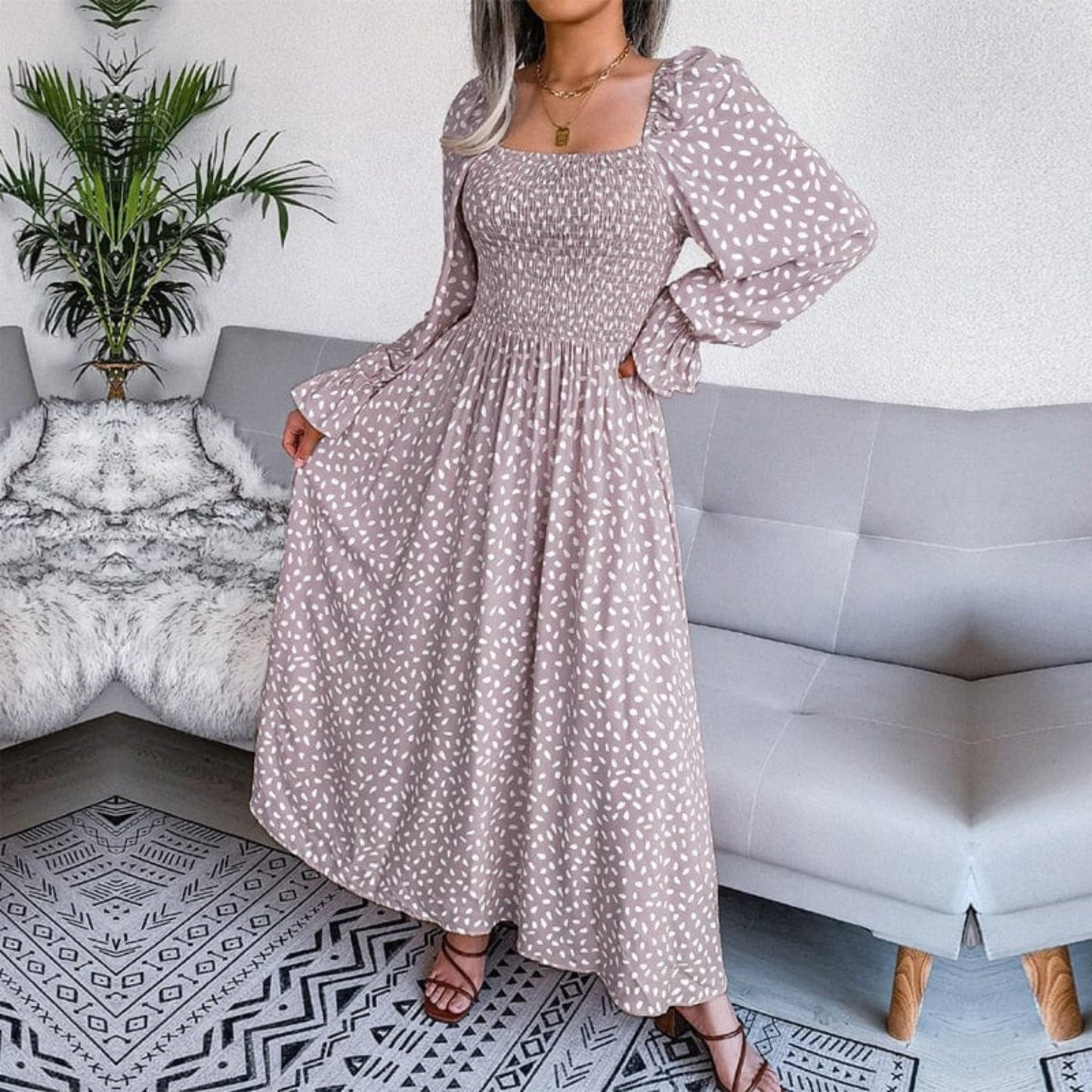Dames Maxi Lange Mouwen Jurk | Elegante Beige