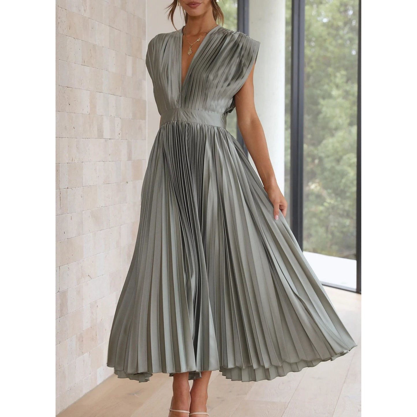 Brechtijna | Dames Maxi Jurk | Geplooide V-Hals