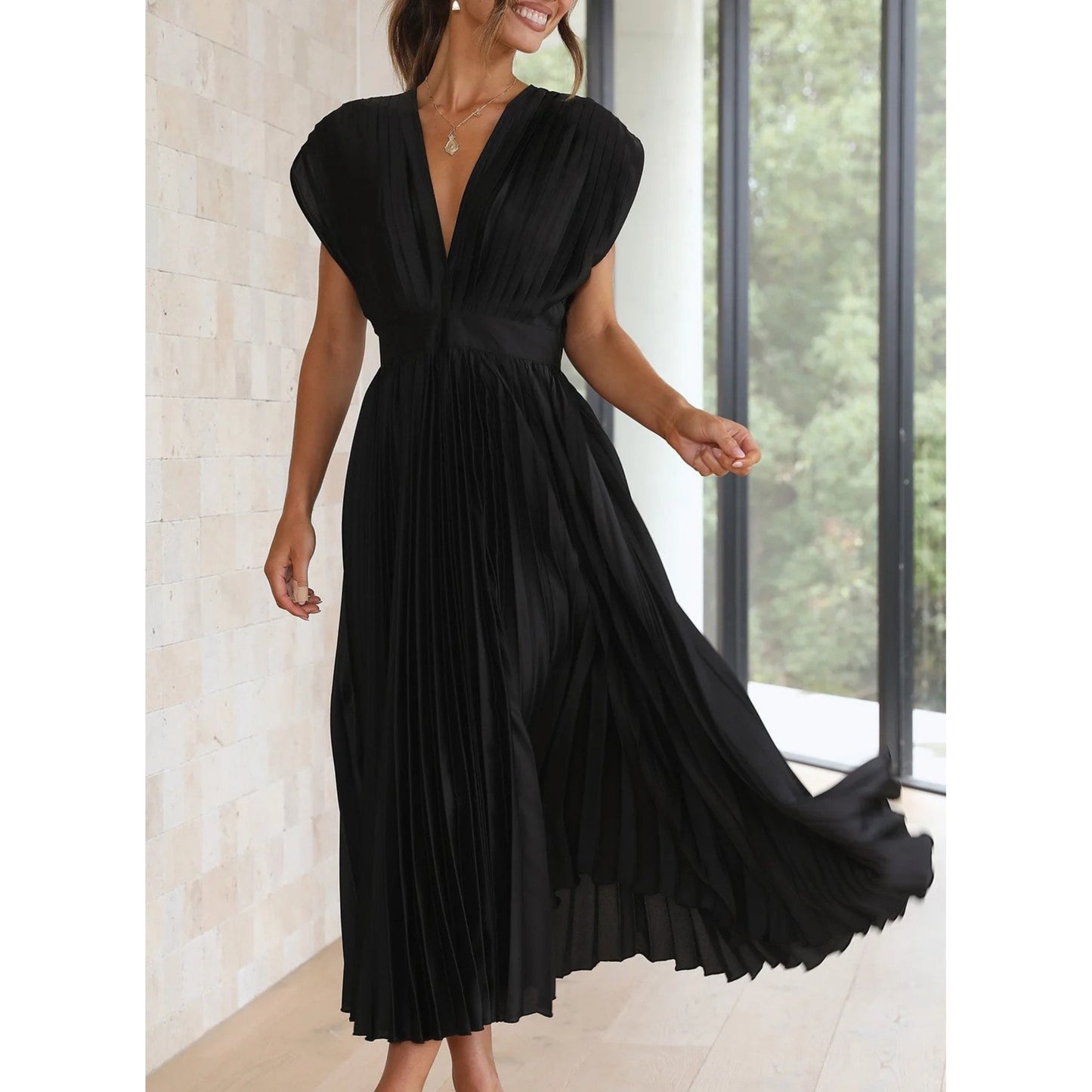 Brechtijna | Dames Maxi Jurk | Geplooide V-Hals