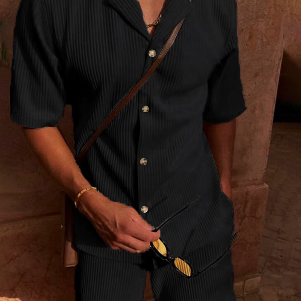 Heren Set Shirt en Broek – Relaxed Fit – Ademend Materiaal – Gestreept Ontwerp