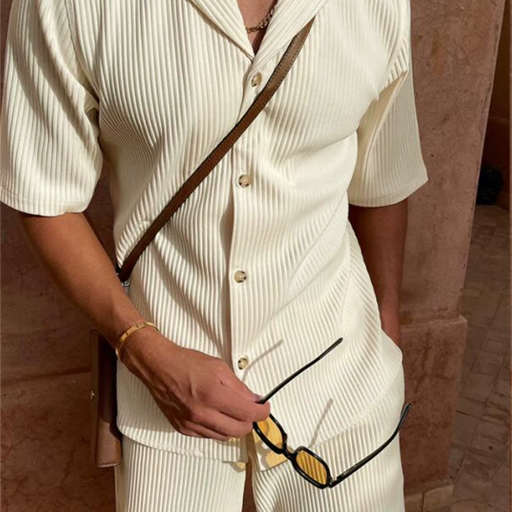 Heren Set Shirt en Broek – Relaxed Fit – Ademend Materiaal – Gestreept Ontwerp