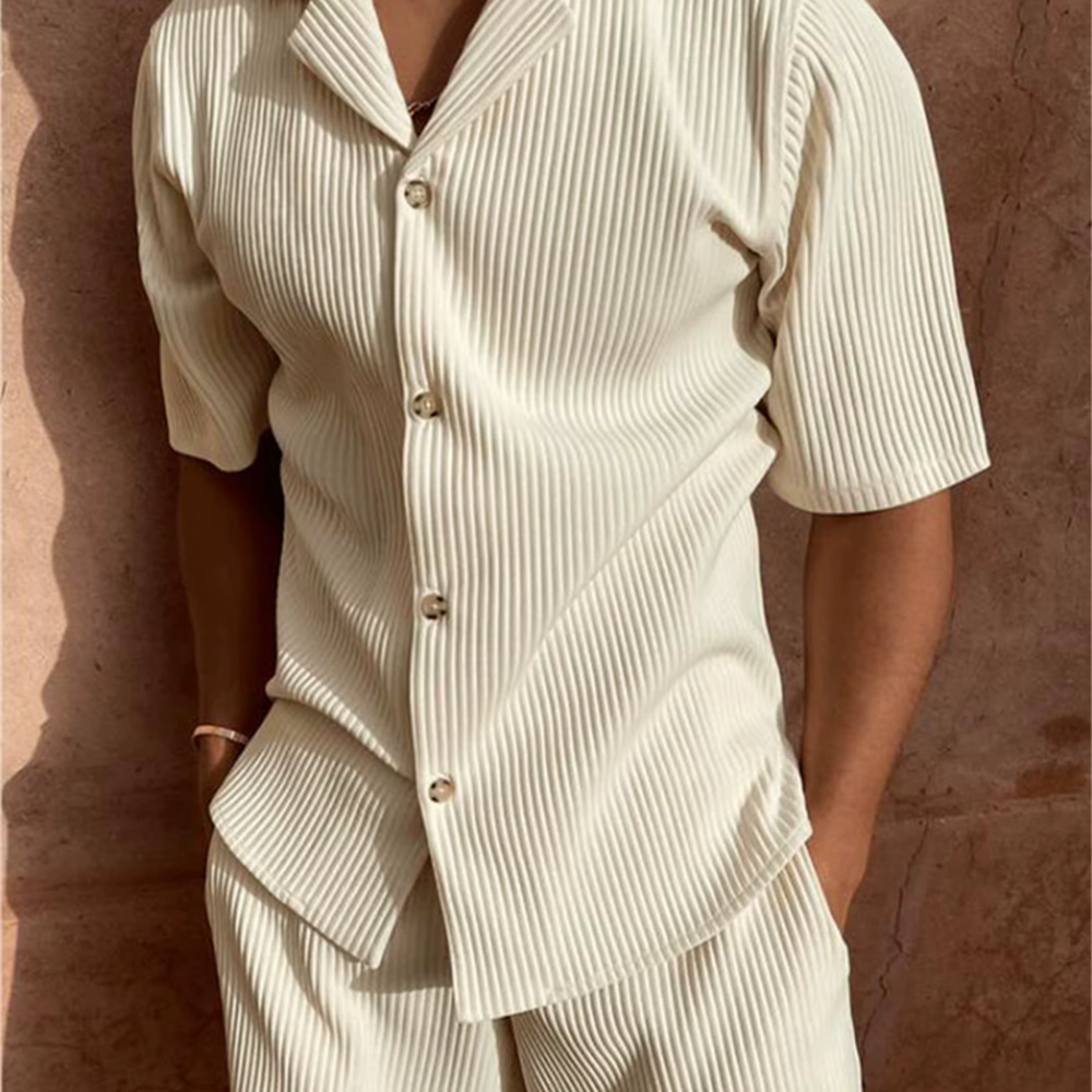 Heren Set Shirt en Broek – Relaxed Fit – Ademend Materiaal – Gestreept Ontwerp