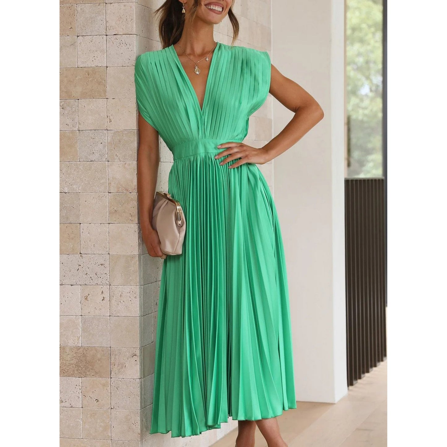 Brechtijna | Dames Maxi Jurk | Geplooide V-Hals