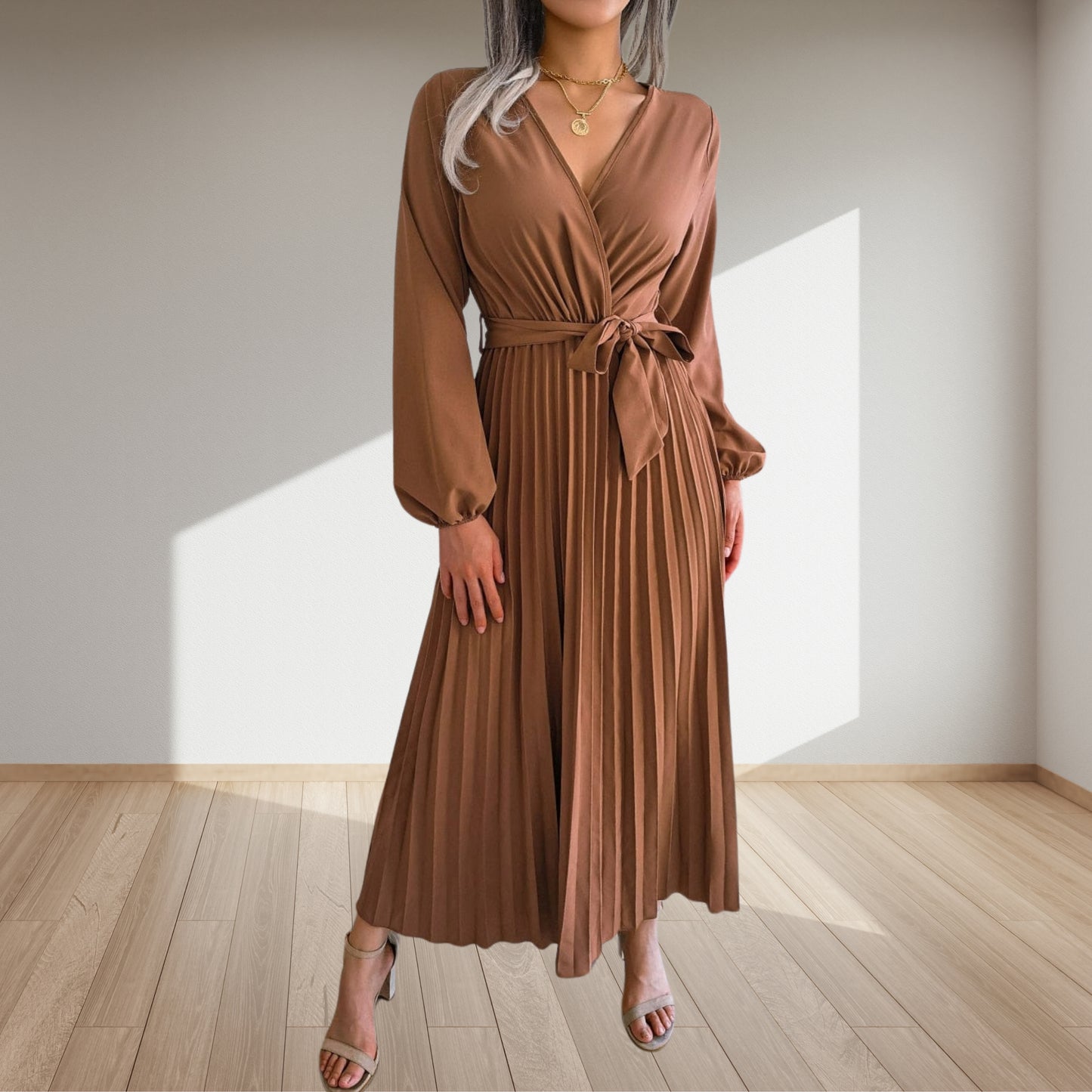 Dames V-Hals Feestelijke Maxi Jurk | Bruine Bohemien Stijl