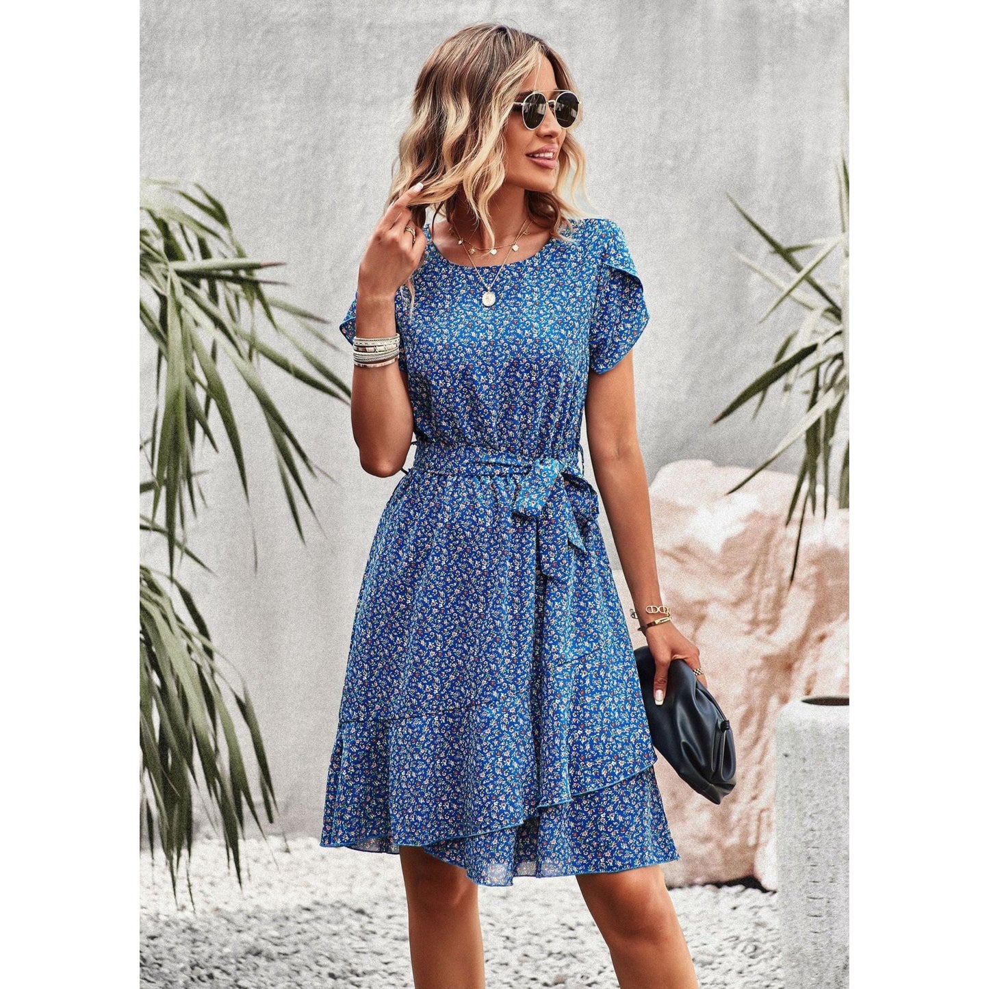 Dames Bohemien Blauwe Korte Jurk | Bloemenprint