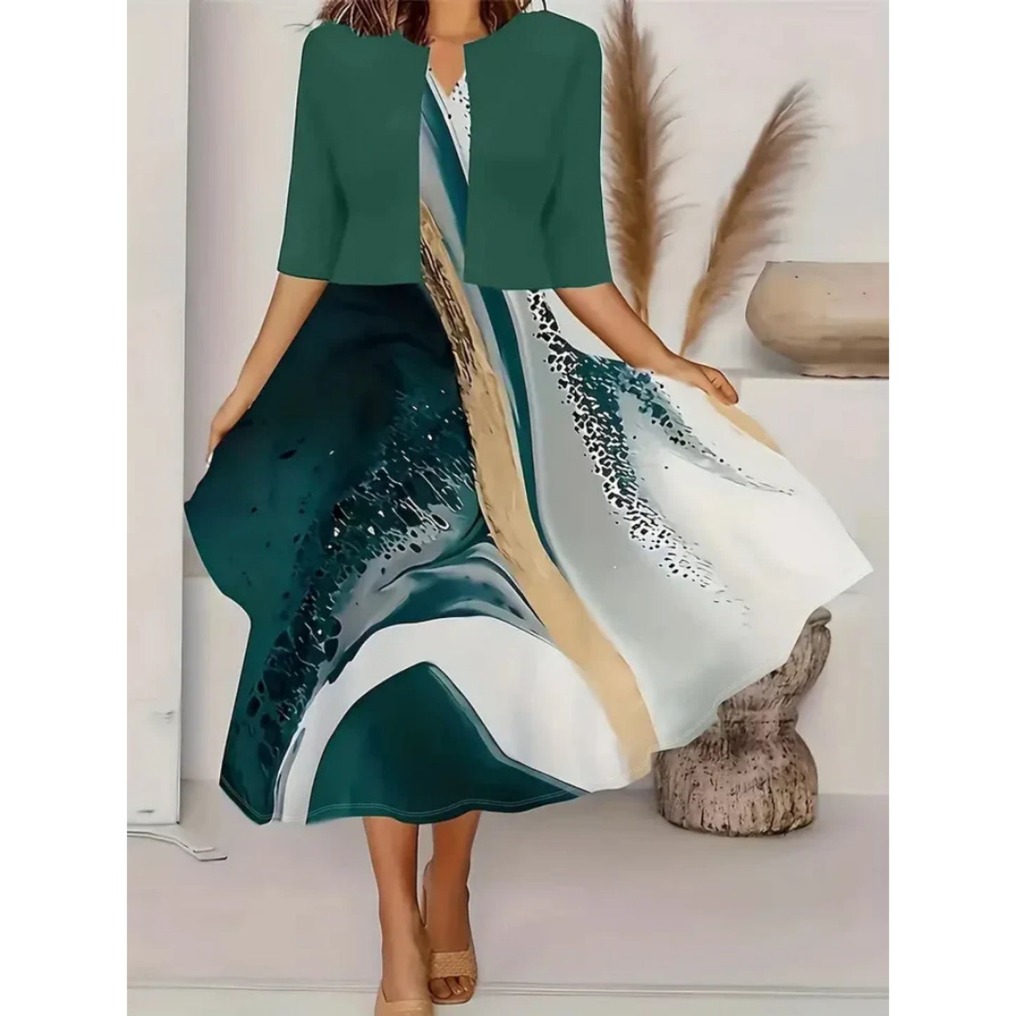 Dames Midi Bruiloft Gast Jurk met Blazer | Bloemendessin