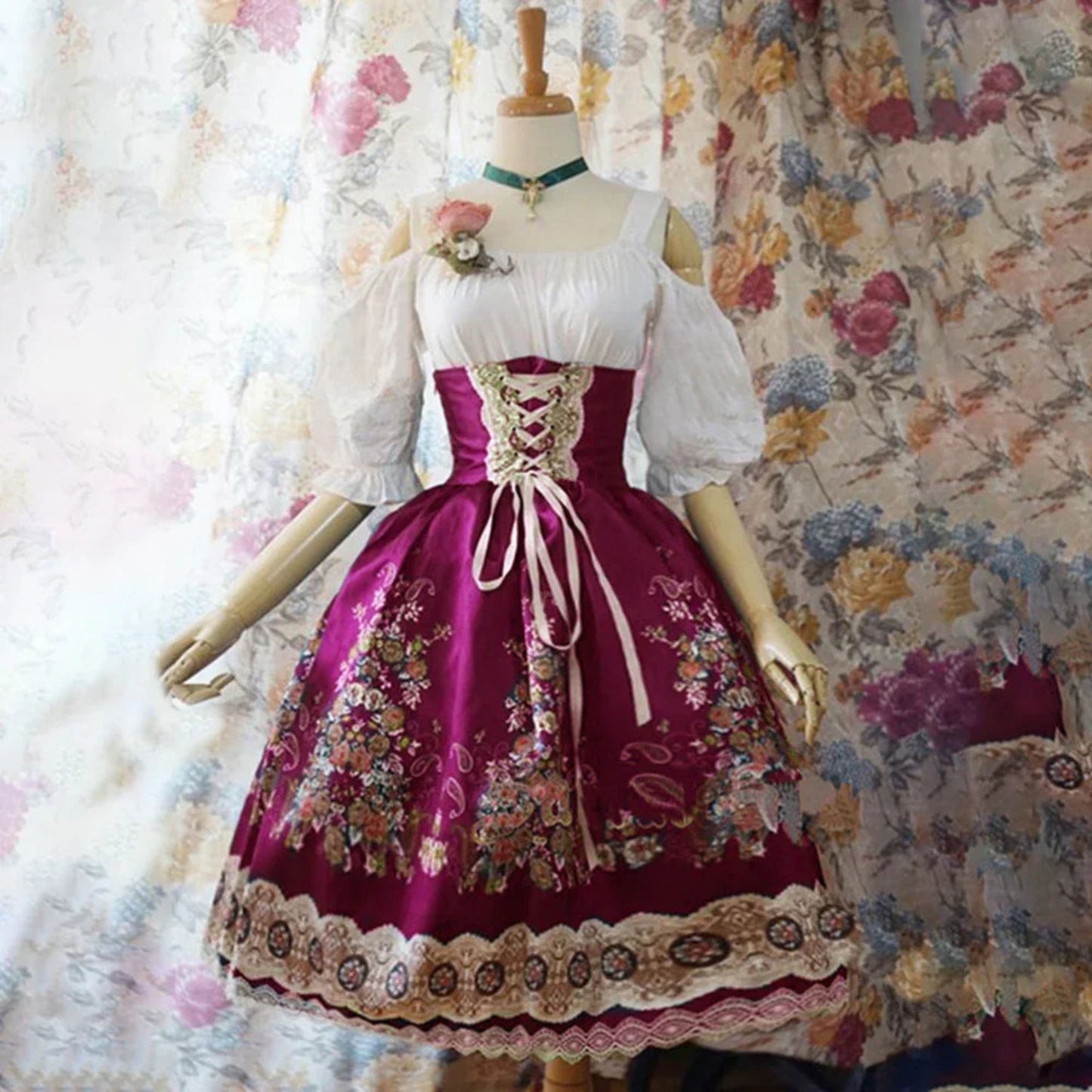 Eibeline | Dames Dirndl Jurk | Bloemen Lace-Up Ontwerp