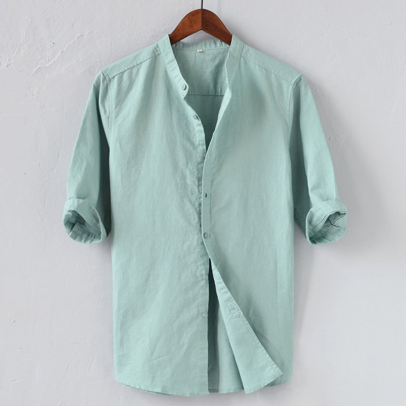 Heren Overhemd – Linnenmix – Relaxed Fit – Halve Mouw – Mandarin Kraag