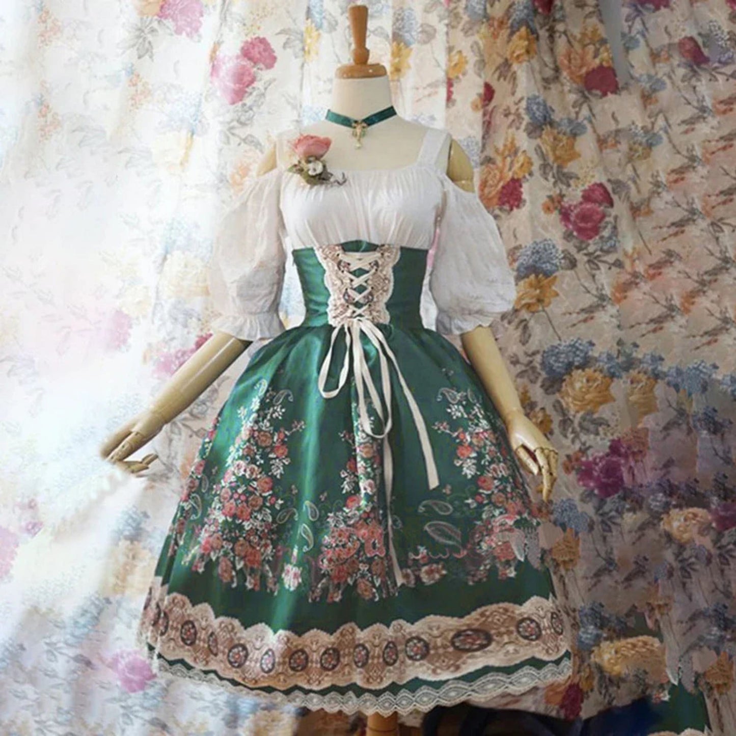 Eibeline | Dames Dirndl Jurk | Bloemen Lace-Up Ontwerp