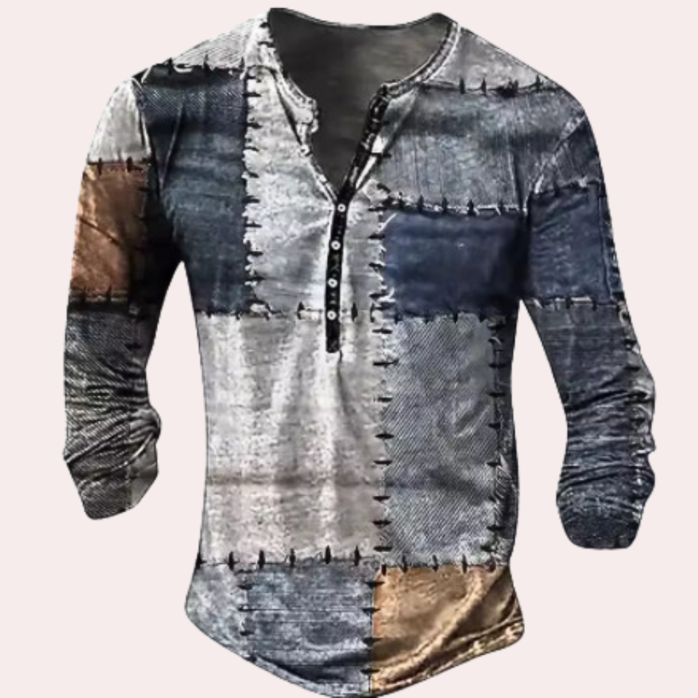 Heren Trui – Regular Fit – Cottonmix – Patchwork – Knoopsluiting – Henley Halslijn