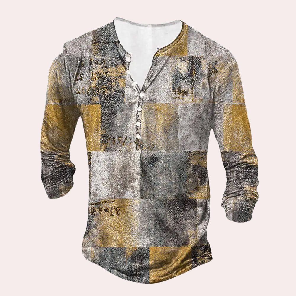 Heren Trui – Regular Fit – Cottonmix – Patchwork – Knoopsluiting – Henley Halslijn