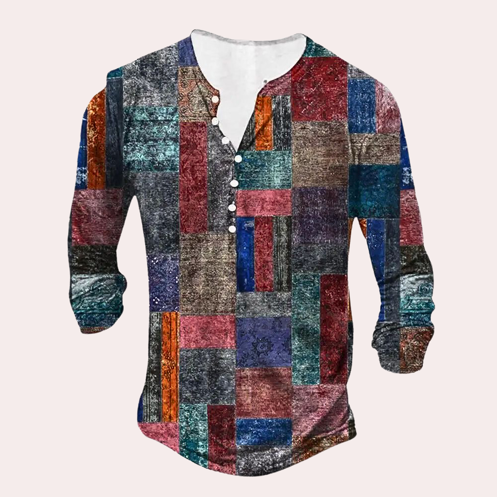 Heren Trui – Regular Fit – Cottonmix – Patchwork – Knoopsluiting – Henley Halslijn