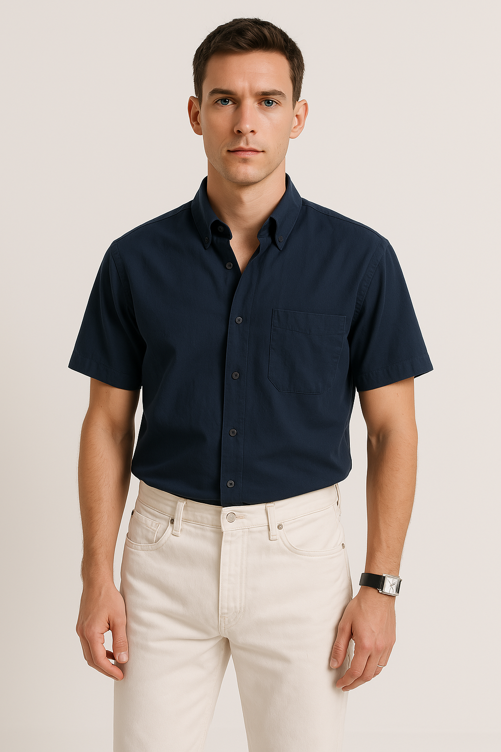 Heren Overhemd Korte Mouw – Relaxed Fit – Katoen – Button-Down met Borstzak