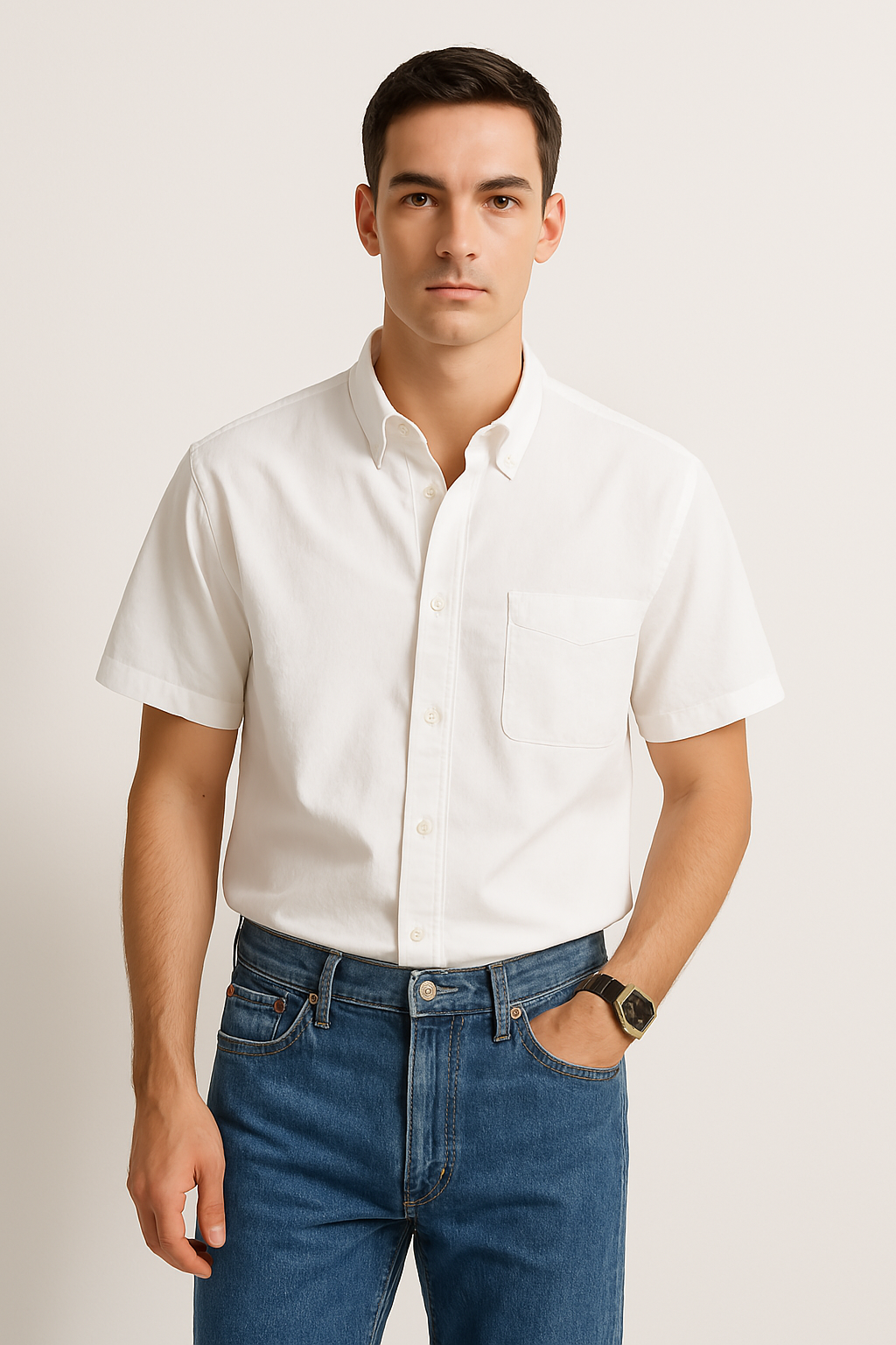 Heren Overhemd Korte Mouw – Relaxed Fit – Katoen – Button-Down met Borstzak