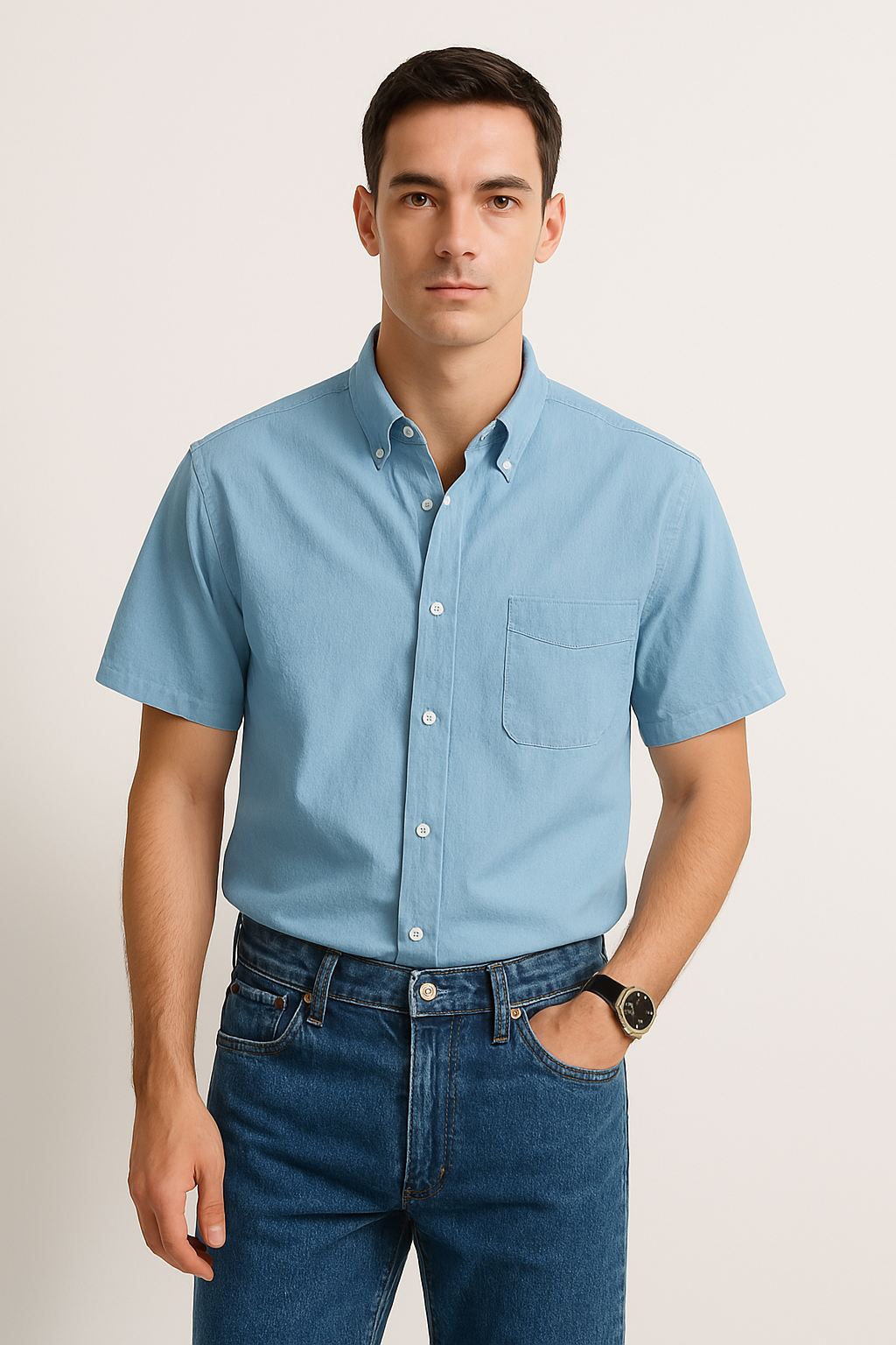 Heren Overhemd Korte Mouw – Relaxed Fit – Katoen – Button-Down met Borstzak