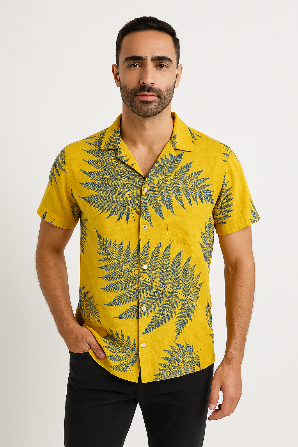 Heren Overhemd Korte Mouw – Relaxed Fit – Ademend – Bladerenprint – Casual Style