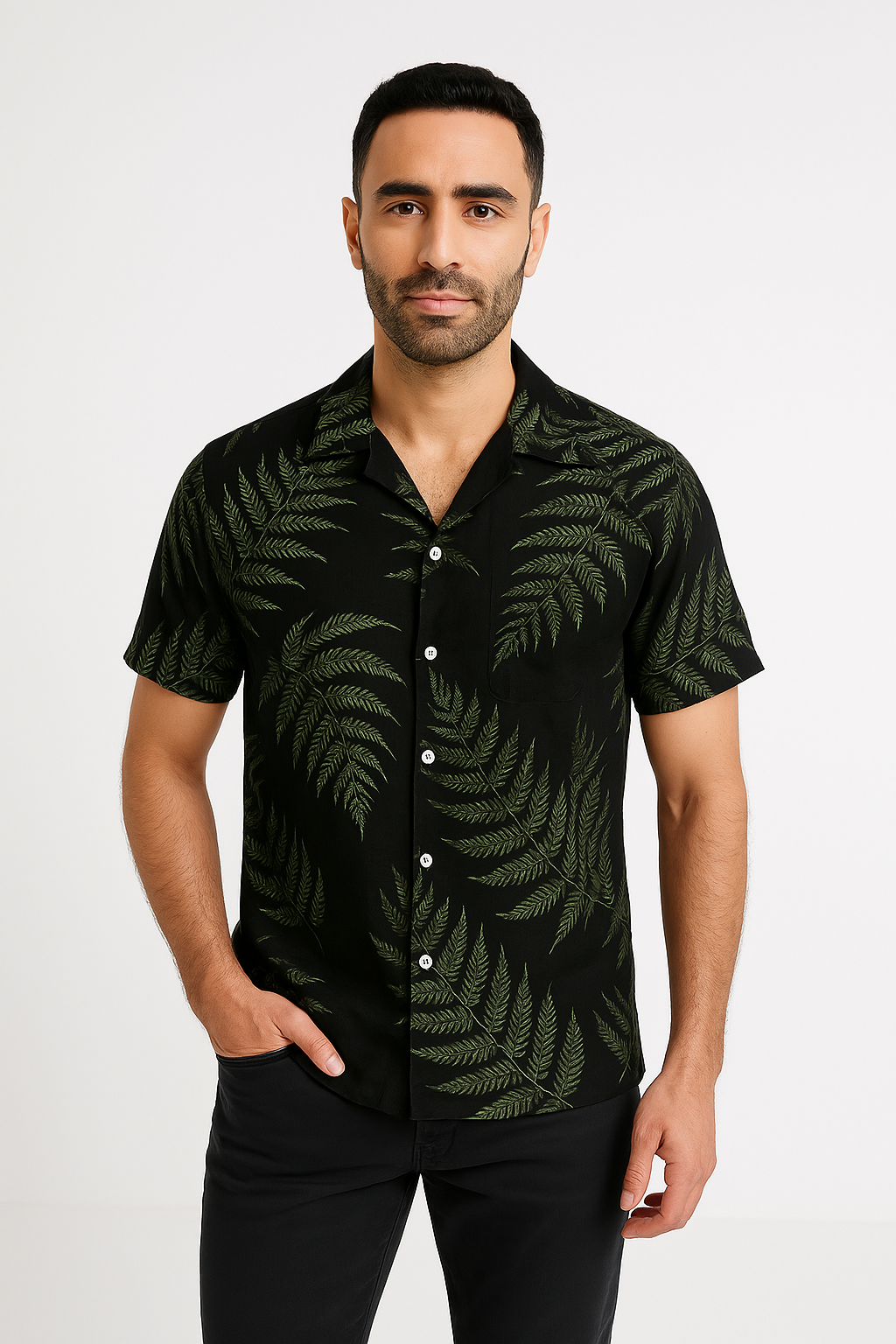 Heren Overhemd Korte Mouw – Relaxed Fit – Ademend – Bladerenprint – Casual Style