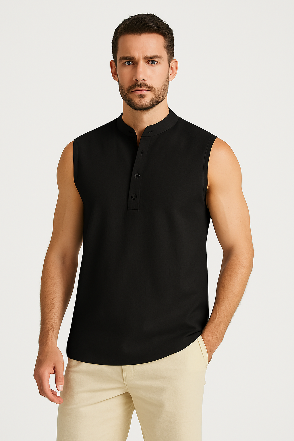 Heren Gilet – Casual Pasvorm – Katoenmix – Mandarin Kraag – Half Knoopsluiting