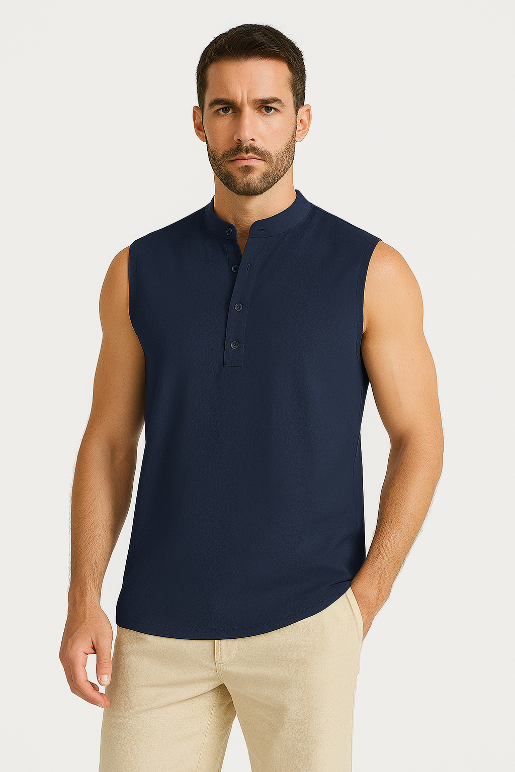 Heren Gilet – Casual Pasvorm – Katoenmix – Mandarin Kraag – Half Knoopsluiting