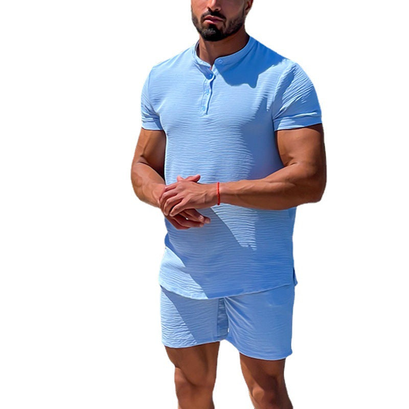 Heren Set – Linnen Katoen – Slim Fit Henley Shirt & Relaxte Korte Broek