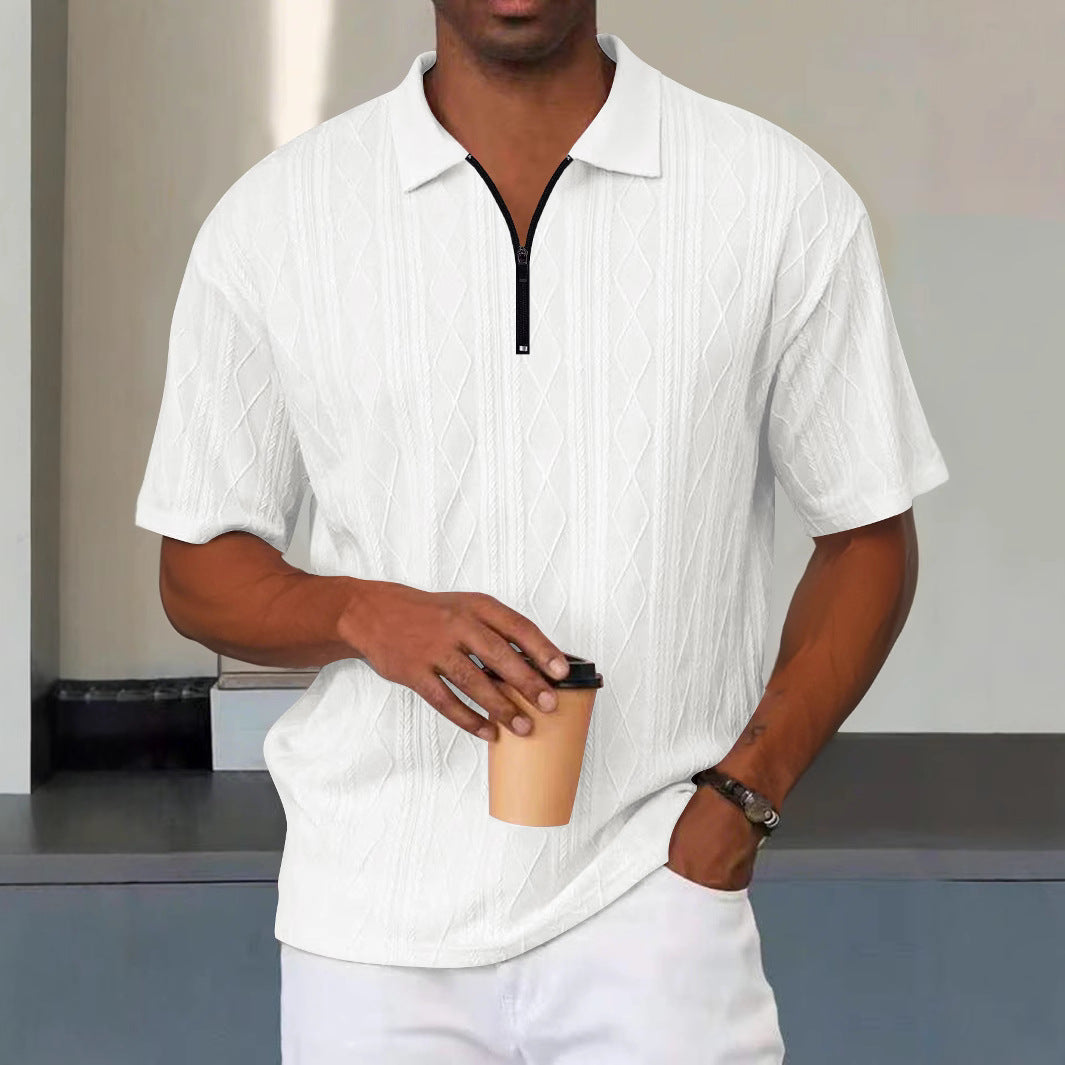 Heren Polo Shirt – Relaxed Fit – Zacht Breisel – Zip Kraag – Kabelstructuur