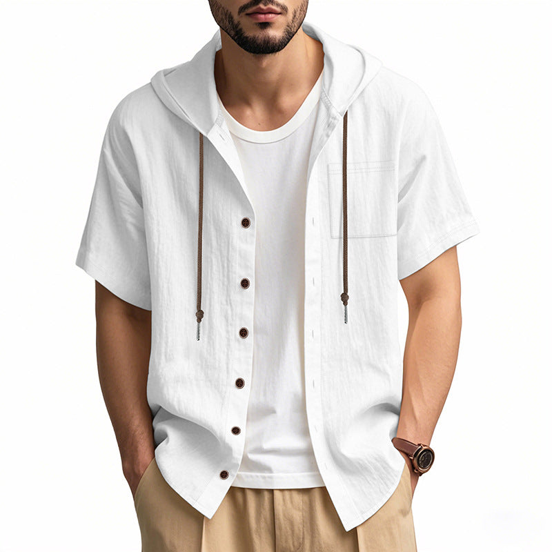 Heren Hooded Overhemd – Linnen – Relaxed Fit – Korte Mouw – Knoopsluiting Casual