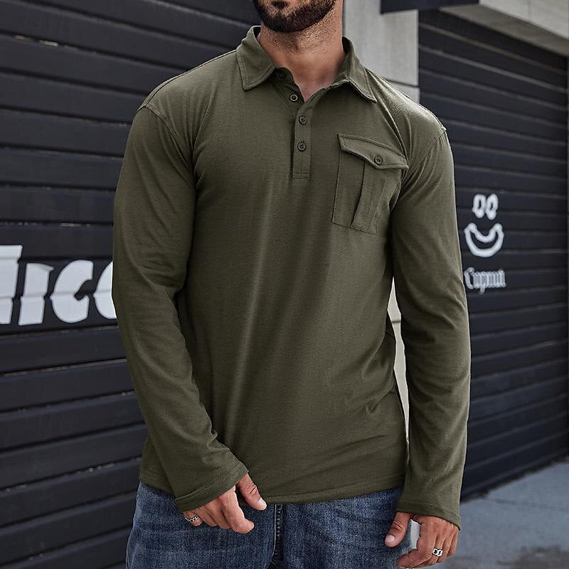 Heren Henley Polo Shirt – Katoen – Regular Fit – Lange Mouwen – Borstzak