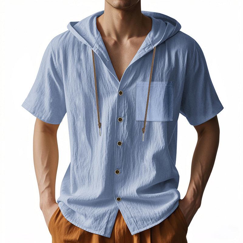 Heren Hooded Overhemd – Linnen – Relaxed Fit – Korte Mouw – Knoopsluiting Casual