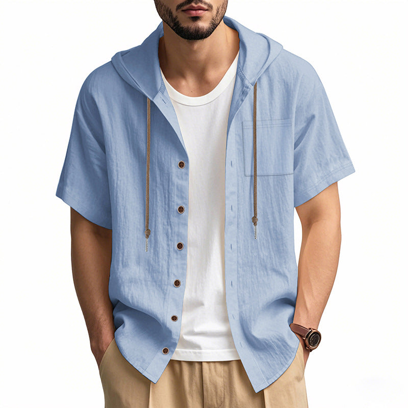 Heren Hooded Overhemd – Linnen – Relaxed Fit – Korte Mouw – Knoopsluiting Casual
