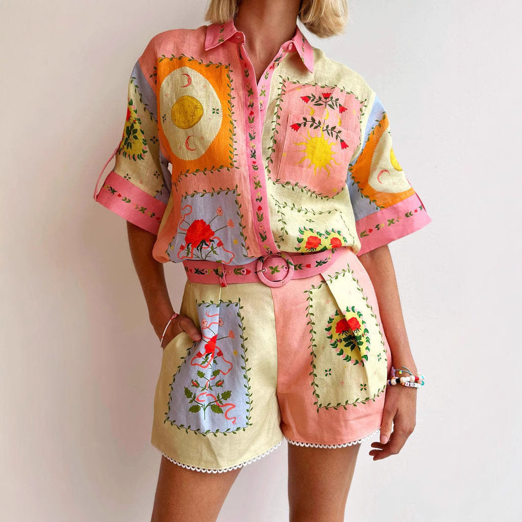 Dames Set Blouse en Shorts – Relaxte Pasvorm – Geborduurd – Hoge Taille met Riem