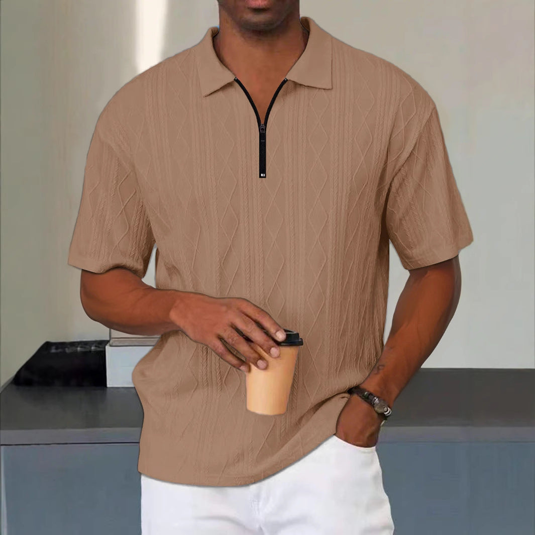 Heren Polo Shirt – Relaxed Fit – Zacht Breisel – Zip Kraag – Kabelstructuur
