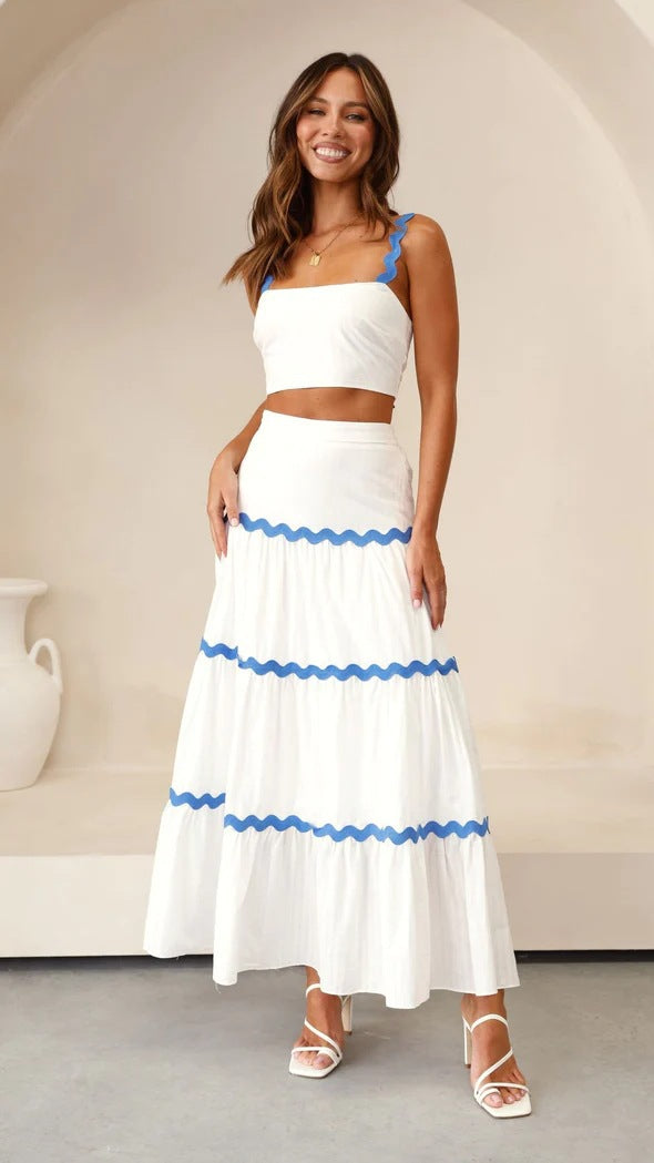 Dames Twee-Delige Set – Strapless Crop Top – Maxi Rok met Gelaagde Wavy Afwerking – Luchtige Katoen