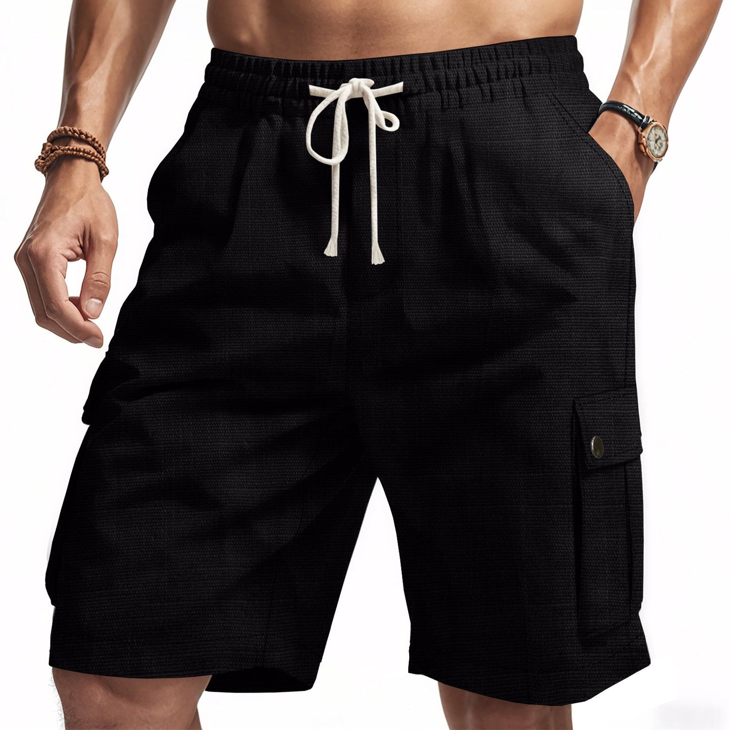 Heren cargo short – Relaxed fit – Linnen look – Elastische taille – Multizak ontwerp