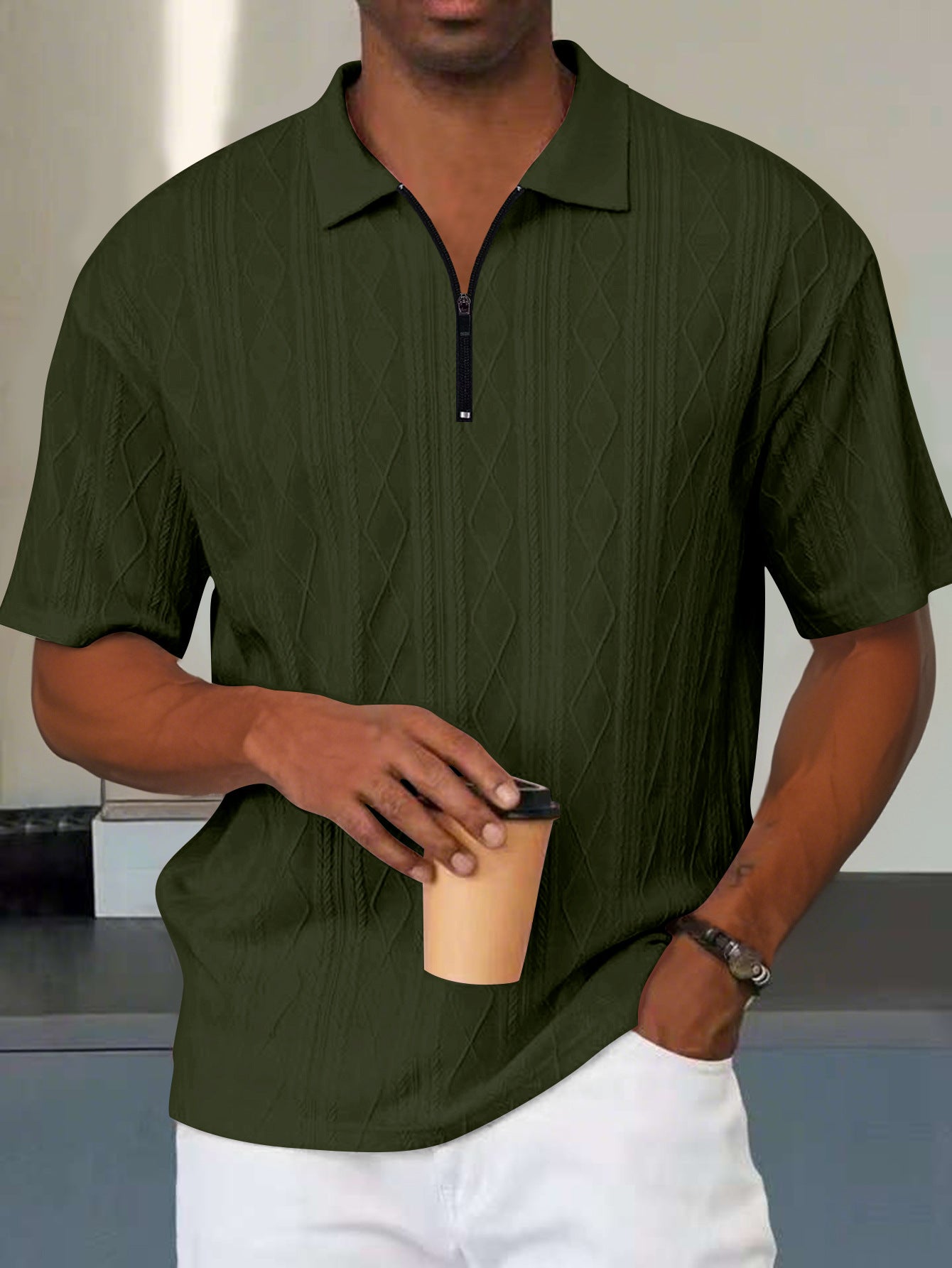 Heren Polo Shirt – Relaxed Fit – Zacht Breisel – Zip Kraag – Kabelstructuur