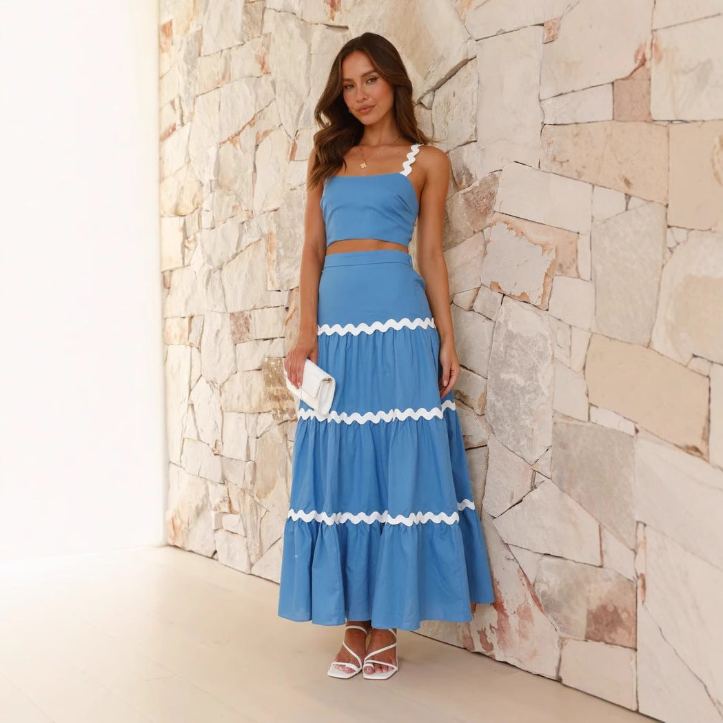 Dames Twee-Delige Set – Strapless Crop Top – Maxi Rok met Gelaagde Wavy Afwerking – Luchtige Katoen