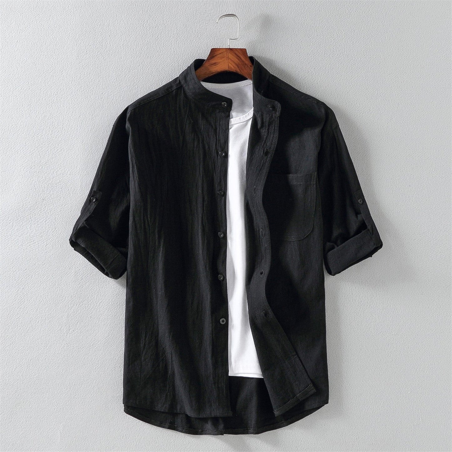 Heren Overhemd Korte Mouw – Linnenmix – Relaxed Fit – Mandarin Kraag – Casual Style