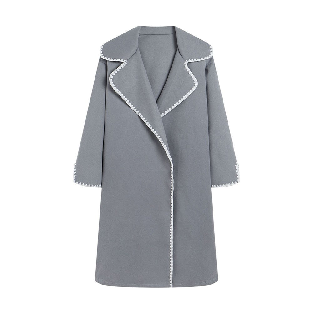Dames Windbreaker Jas – Wol – Oversized Pasvorm – Lapel – Schelp Borduurwerk