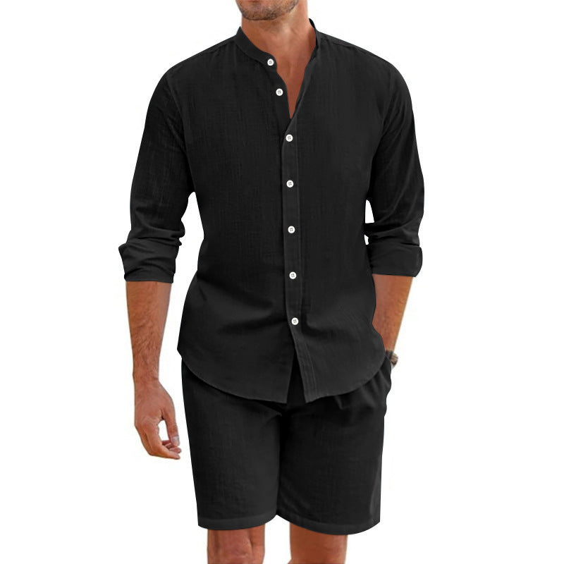 Heren Two-Piece Set – Linnen Mix – Relaxed Fit – Button-Up Shirt & Korte Broek