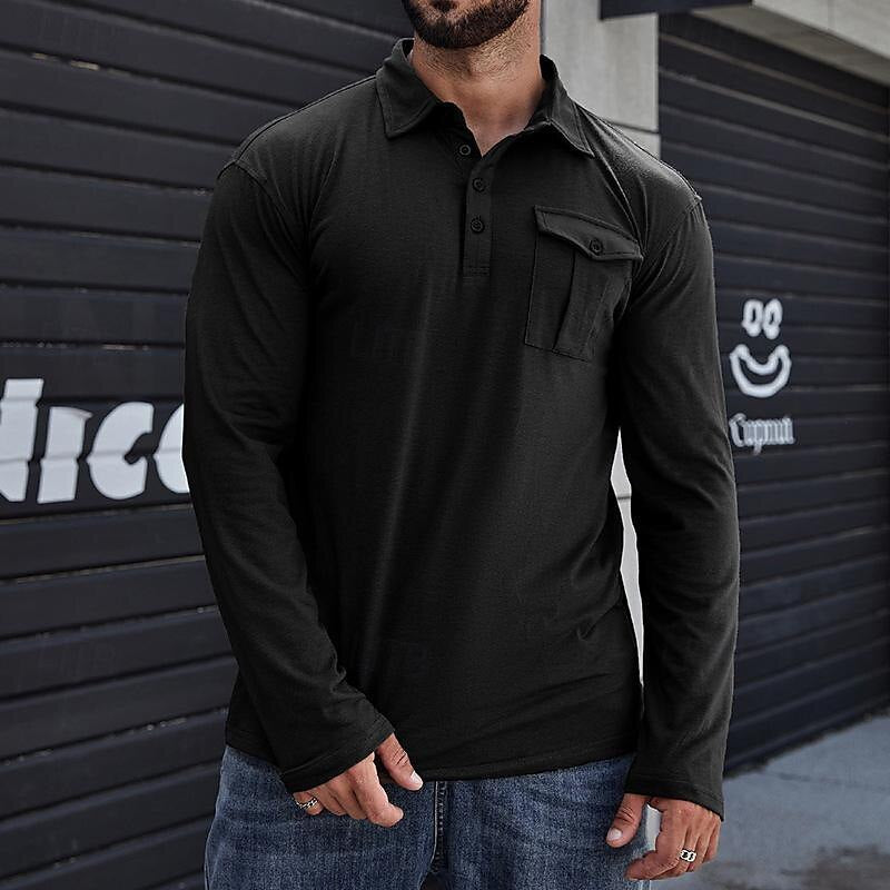 Heren Henley Polo Shirt – Katoen – Regular Fit – Lange Mouwen – Borstzak