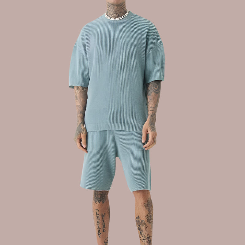Heren Set – Casual Relaxte Pasvorm – Zacht Geribd Breisel – Top met Korte Mouwen & Korts