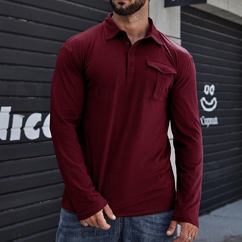 Heren Henley Polo Shirt – Katoen – Regular Fit – Lange Mouwen – Borstzak