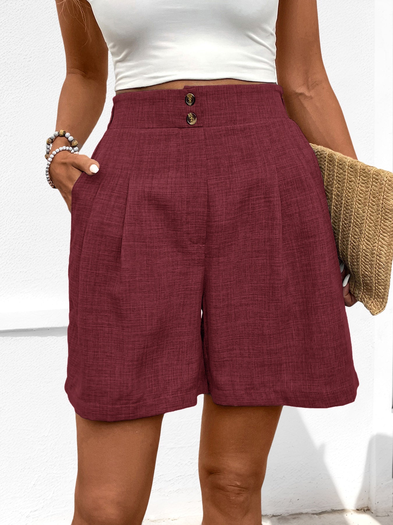 Dames short – Hoge taille – Wijde pijp – Ademend materiaal – Relaxte pasvorm – Plooidetail