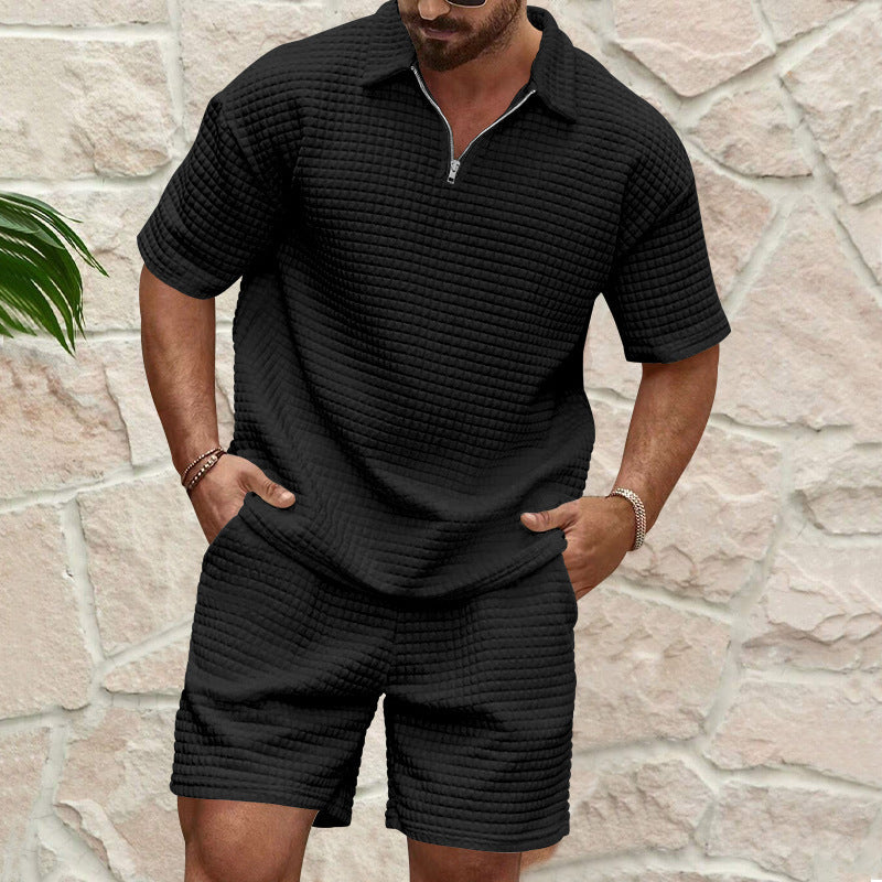 Heren Set – Ademend Textuurstof – Relaxte Pasvorm – Korte Mouwen Top & Korts